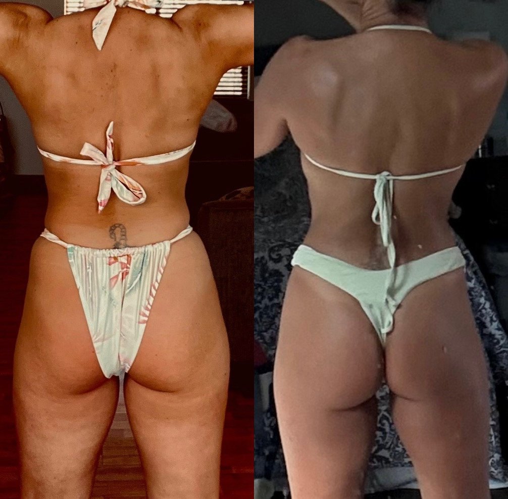 Before and after showing a member's glute development over 12 sessions